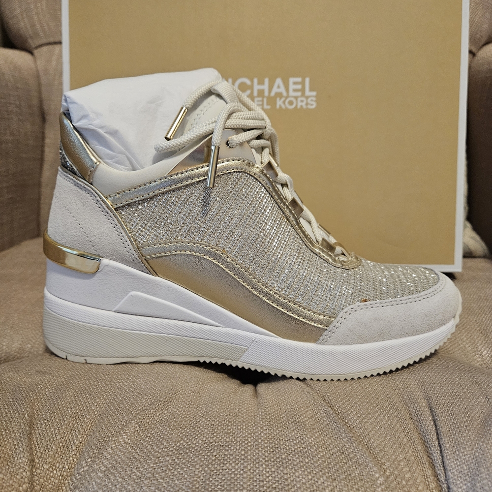 New In Box!!! Michael Kors Gold and White Wedge Sneakers Size 6